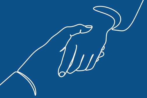 Die Zeichnung aus einer einzigen Linie zeigt eine Hand, die die Hand eines anderen Menschen hält.