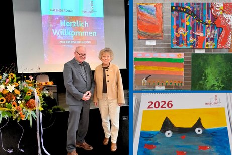 Eine Frau und ein Mann stehen vor einer Bühne. Auf weiteren Fotos sind Kunstwerke zu sehen und ein Kalender-Cover.