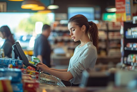 Eine junge Frau bedient eine Supermarkt-Kasse.