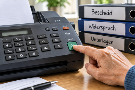 Ein Finger drückt auf einen Knopf an einem Faxgerät.