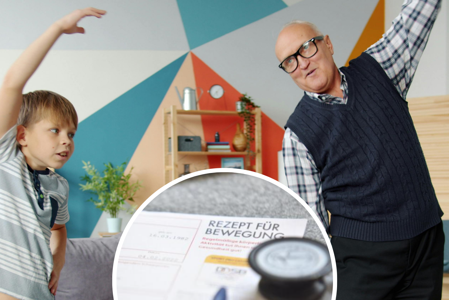 Ein Junge und ein &auml;lterer Mann machen Sport&uuml;bungen.