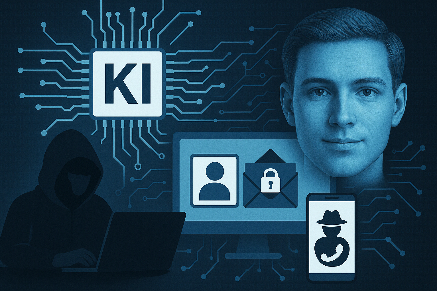 Ein kryptisches Bild mit einem Kopf und KI-Elementen