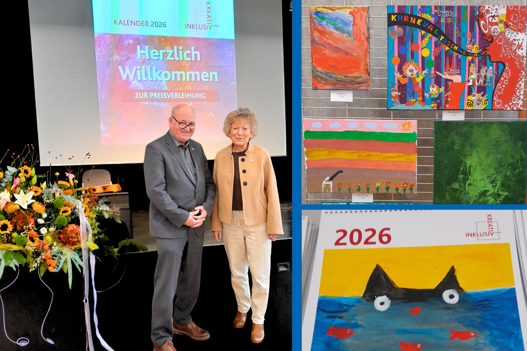 Eine Frau und ein Mann stehen vor einer Bühne. Auf weiteren Fotos sind Kunstwerke zu sehen und ein Kalender-Cover.