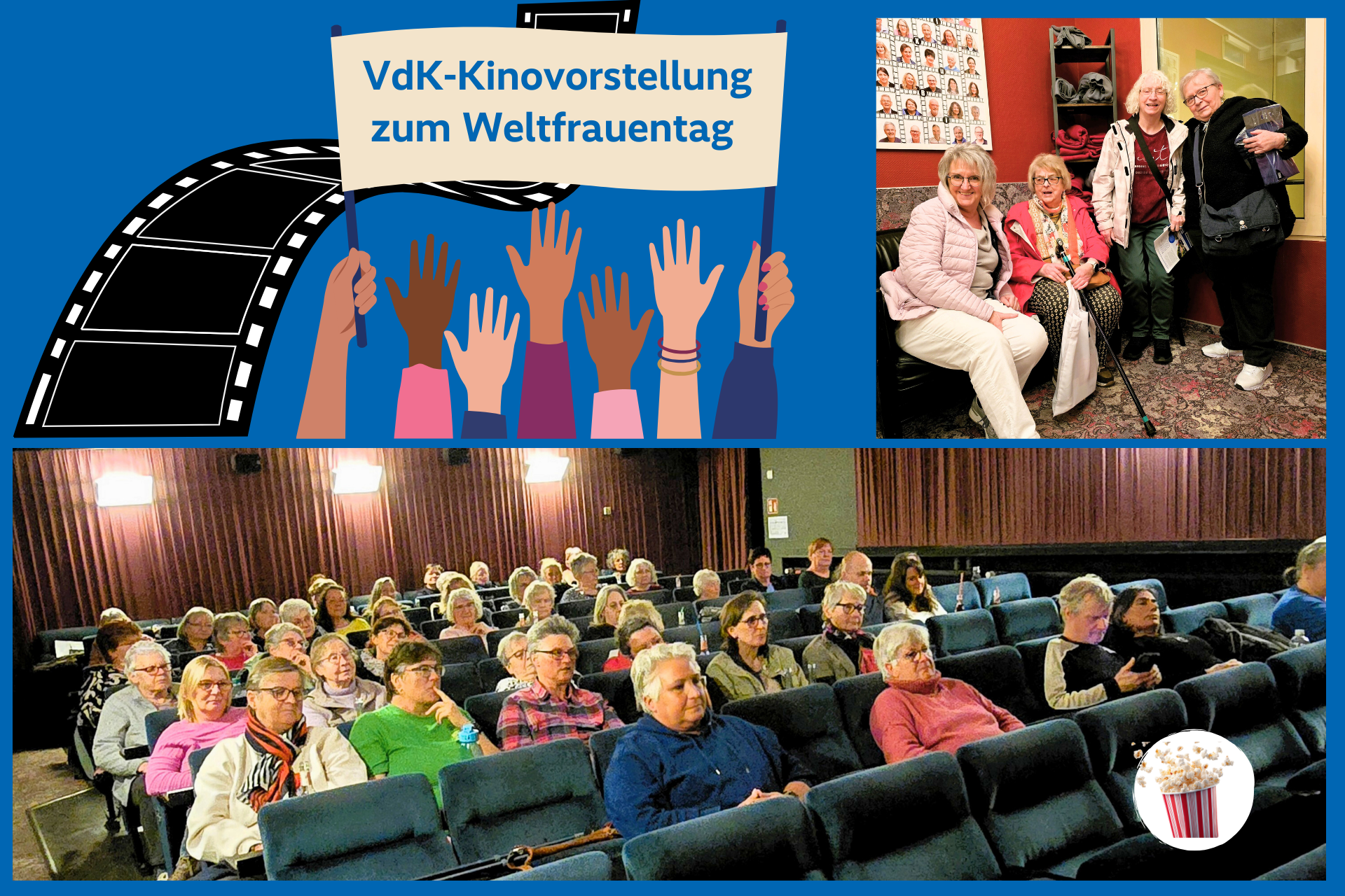 Bilderkollage mit Menschen in einem Kinosaal.