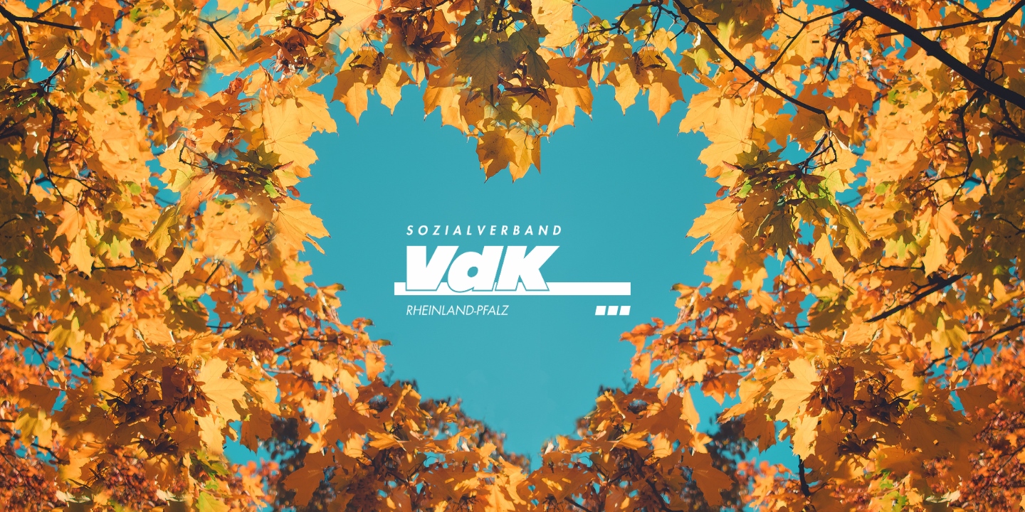 Wei&szlig;es Vdk-Logo umrahmt von Herbstlaub in Herzform.