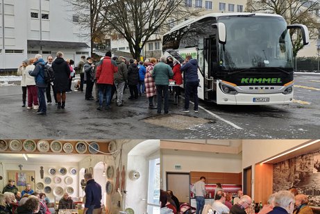Alle Mitglieder stehen am Bus und genießen belegte Brötchen, Sekt und Osaft