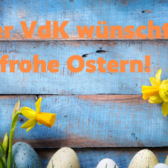 Ostergru&szlig; vom VdK mit Ostereiern und Narzissen