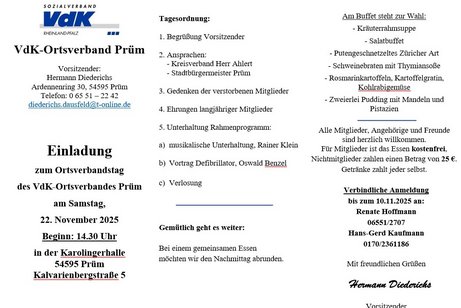 Einladung zum Ortsverbandstag des VdK-Ortsverbandes Prüm