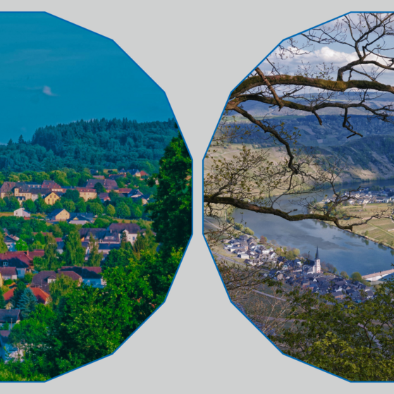 Im Foto links eine Ansicht von Klausen mit der Wallfahrtskirche im Mittelpunkt. Im Foto rechts eine Aufnahme von Piesport mit Blick auf Dorf und Moselschleife