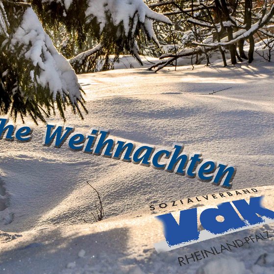 Weiße Winterlandschaft mit blauem Schriftzug: "Frohe Weihnachten VdK"