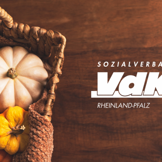 Herbst VdK-Logo vor braunem Hintergrund, neben einem Korb mit Kürbissen.