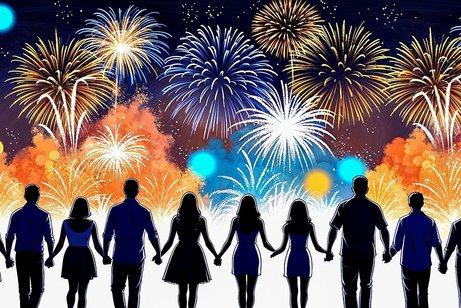 Menschen Hand in Hand vor einem bunten Silvesterfeuerwerk
