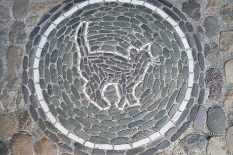 Das Mosaik vor dem Haus ,die Katze, zeigt an wer hier Wohnt. Nicht gerade beliebt bei der Kundschaft.