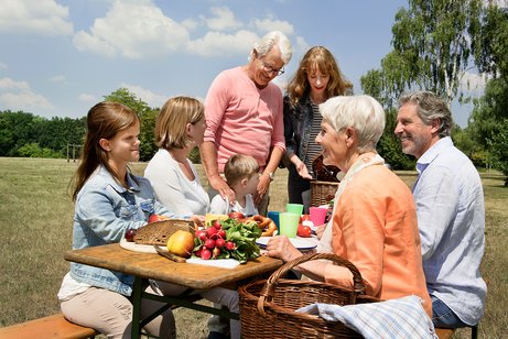 Picknickbild Eine Gruppe Menschen sitzt an einem Picknicktisch und unterhält sich.