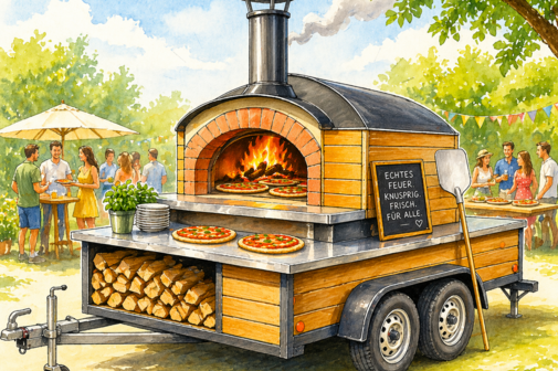 Bild zeigt Menschen im Sommer hinter einem mobilen Pizzabackofen als Zeichnung