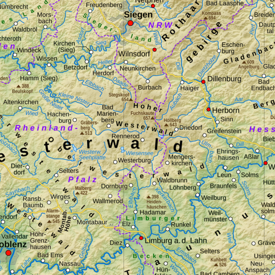 Der VDK Rennerod in Mitten des Westerwaldes Der Westerwald wird landläufig definiert als jenes Land zwischen den Flüssen Dill im Osten, Lahn im Süden, Rhein im Westen, Sieg im Norden und Heller im Nordosten, wobei die im Norden dieses Gebiets gelegenen Höhenzüge unmittelbar südlich von Sieg und Heller naturräumlich nicht mehr zum Westerwald gehören.