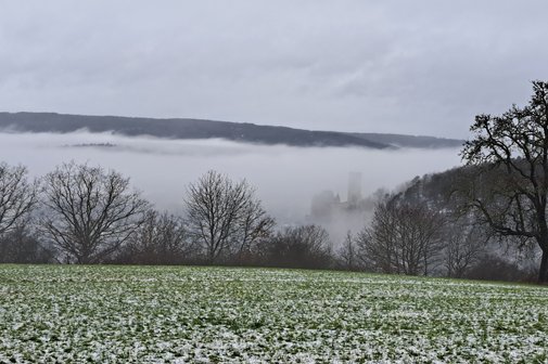 Die Burg Schwalbach liegt in der winterlichen Landschaft im Nebel.
