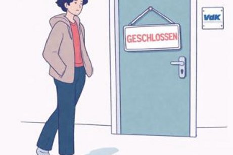 Eine Person steht vor einer T&uuml;r, die mit "geschlossen" gekennzeichnet ist.