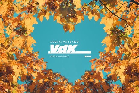 Wei&szlig;es Vdk-Logo umrahmt von Herbstlaub in Herzform.