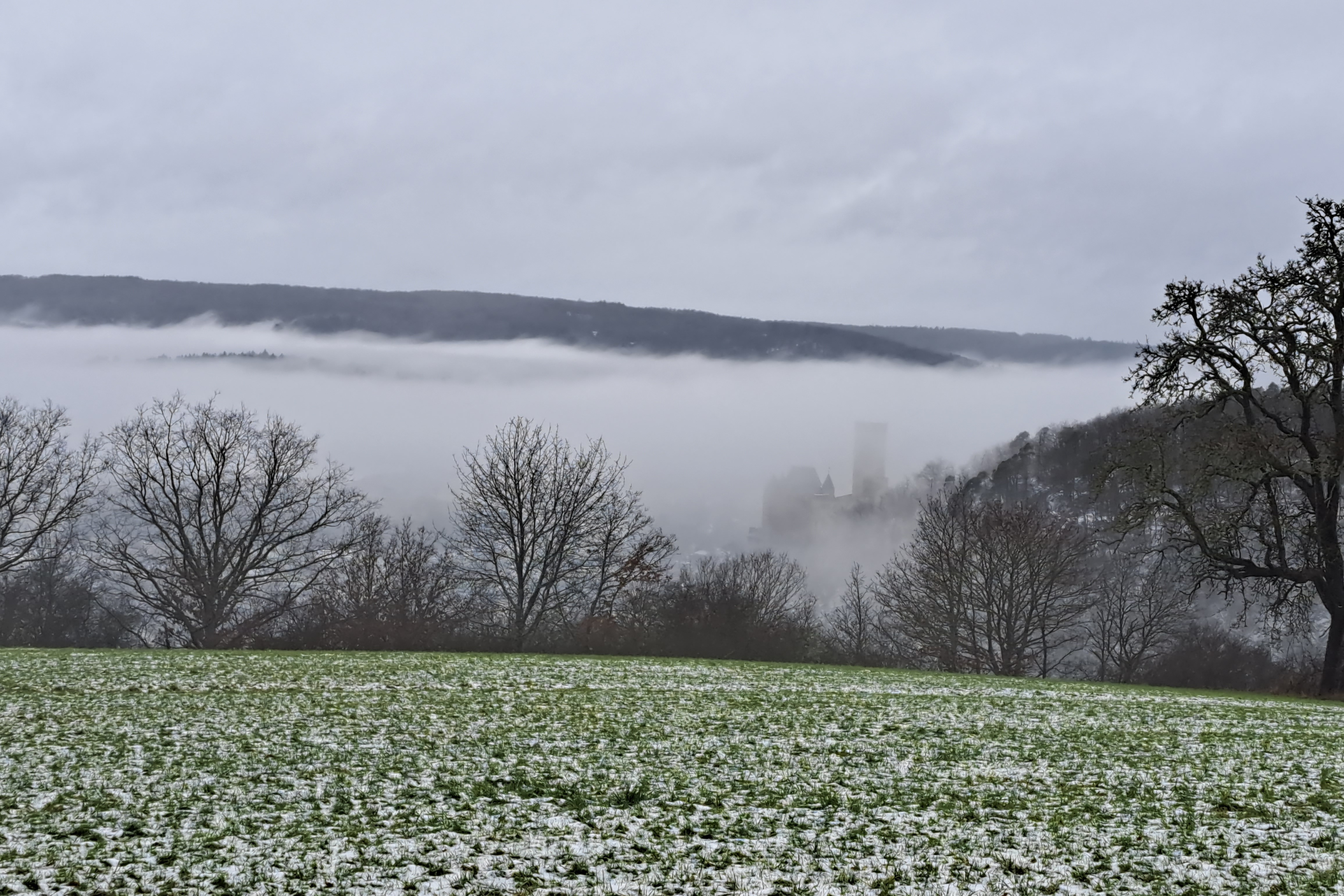 Winterlandschaft Die Burg Schwalbach liegt in der winterlichen Landschaft im Nebel.