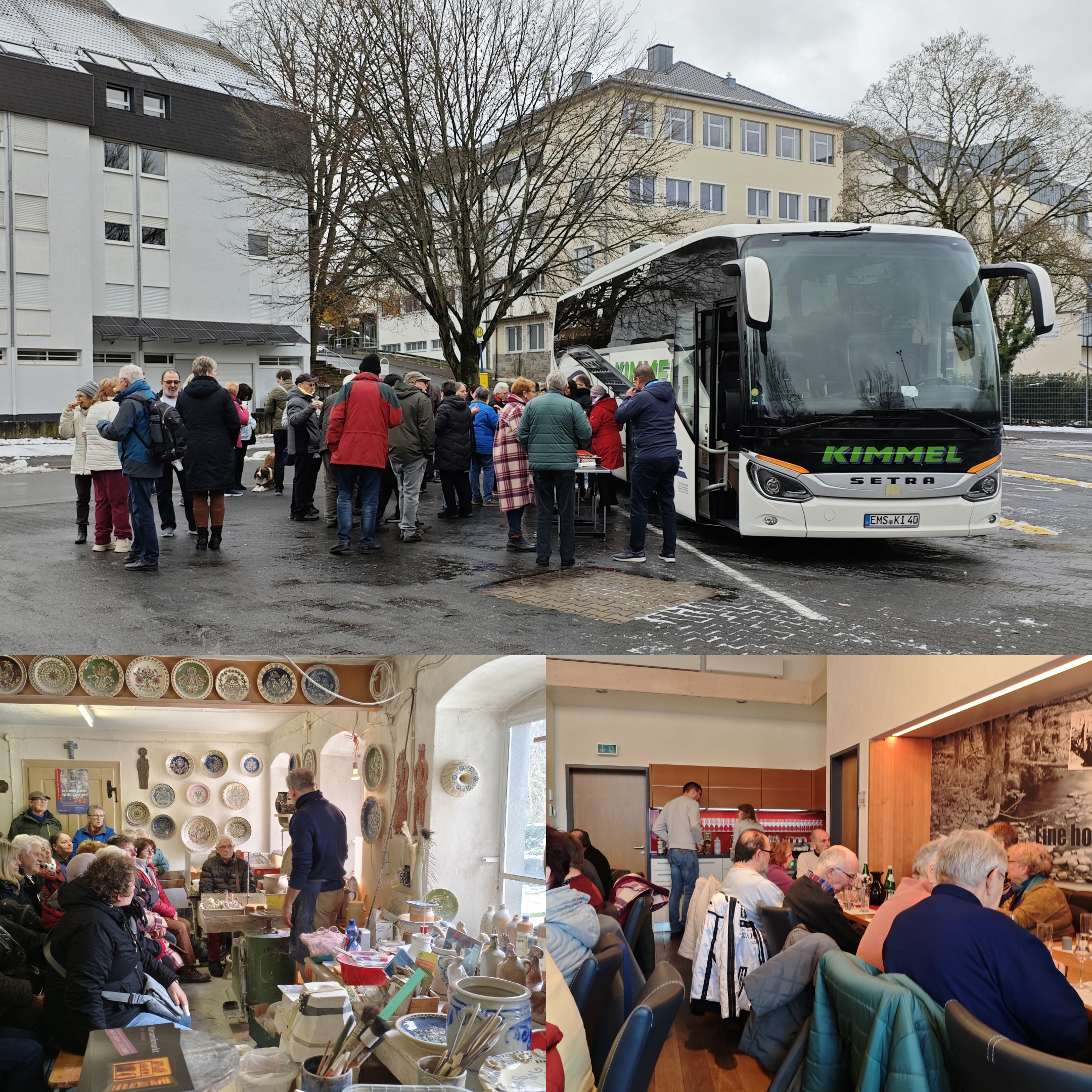 Mitglieder beim Frühstück ausserhalb des Busses Alle Mitglieder stehen am Bus und genießen belegte Brötchen, Sekt und Osaft
