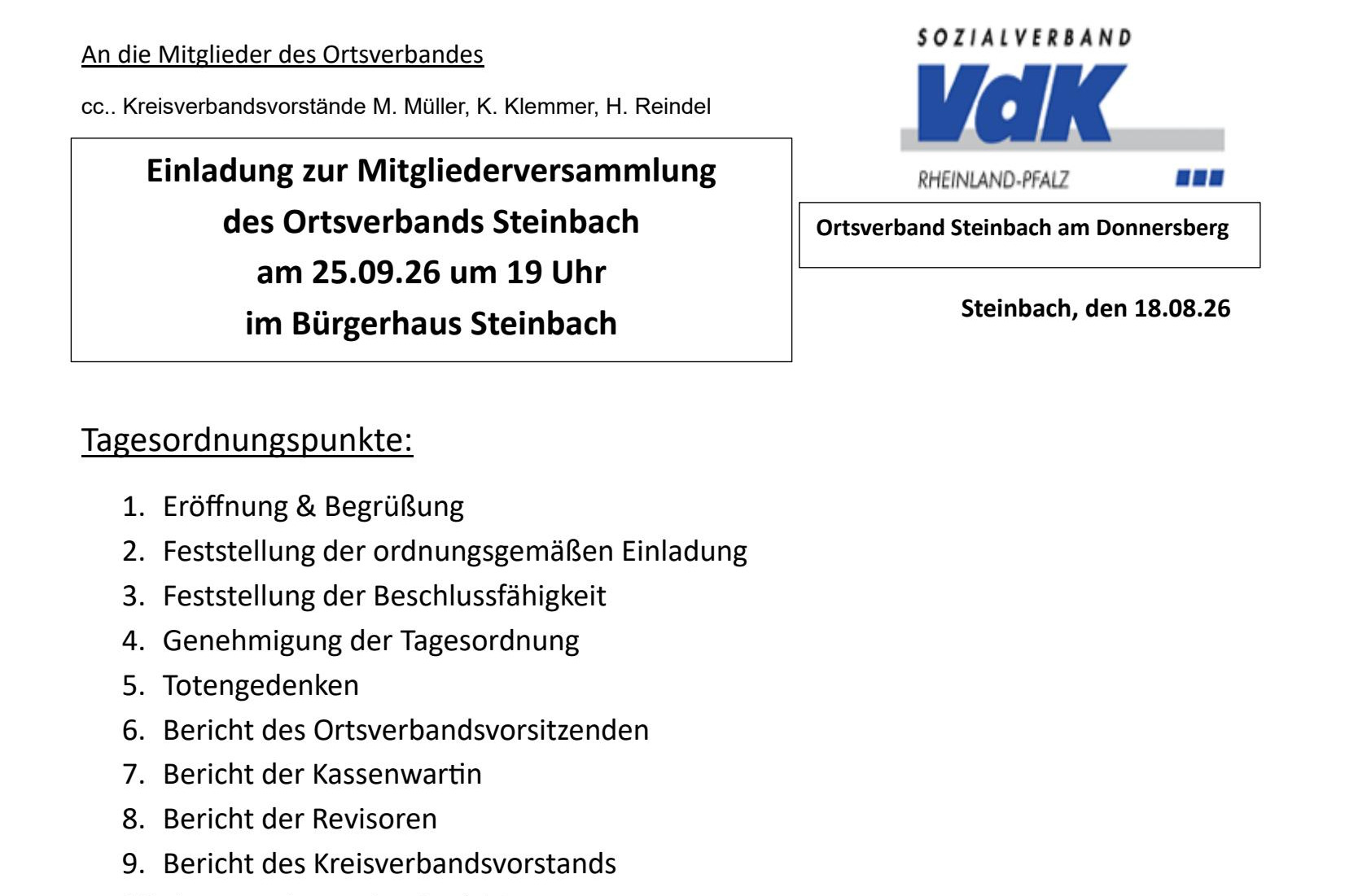 Auszug der Einladung Einladung