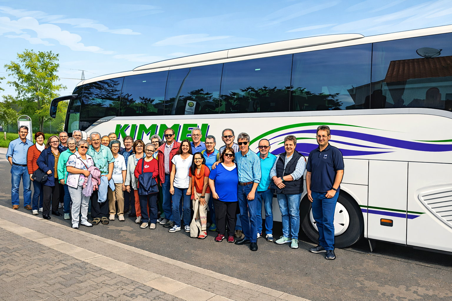 eine Gruppe von Personen steht vor dem Bus