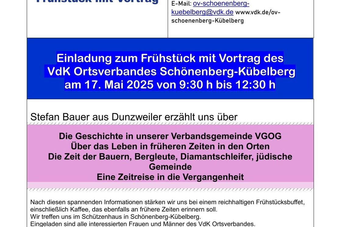 Frühstück für jedermann am 17.05.2025 VdK Ortsverband Schönenberg - Kübelberg